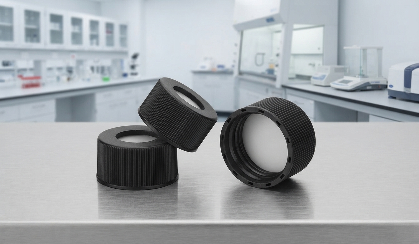24mm Black PP Screw Cap, Open Top with Nature Silicone/ White PTFE Septa