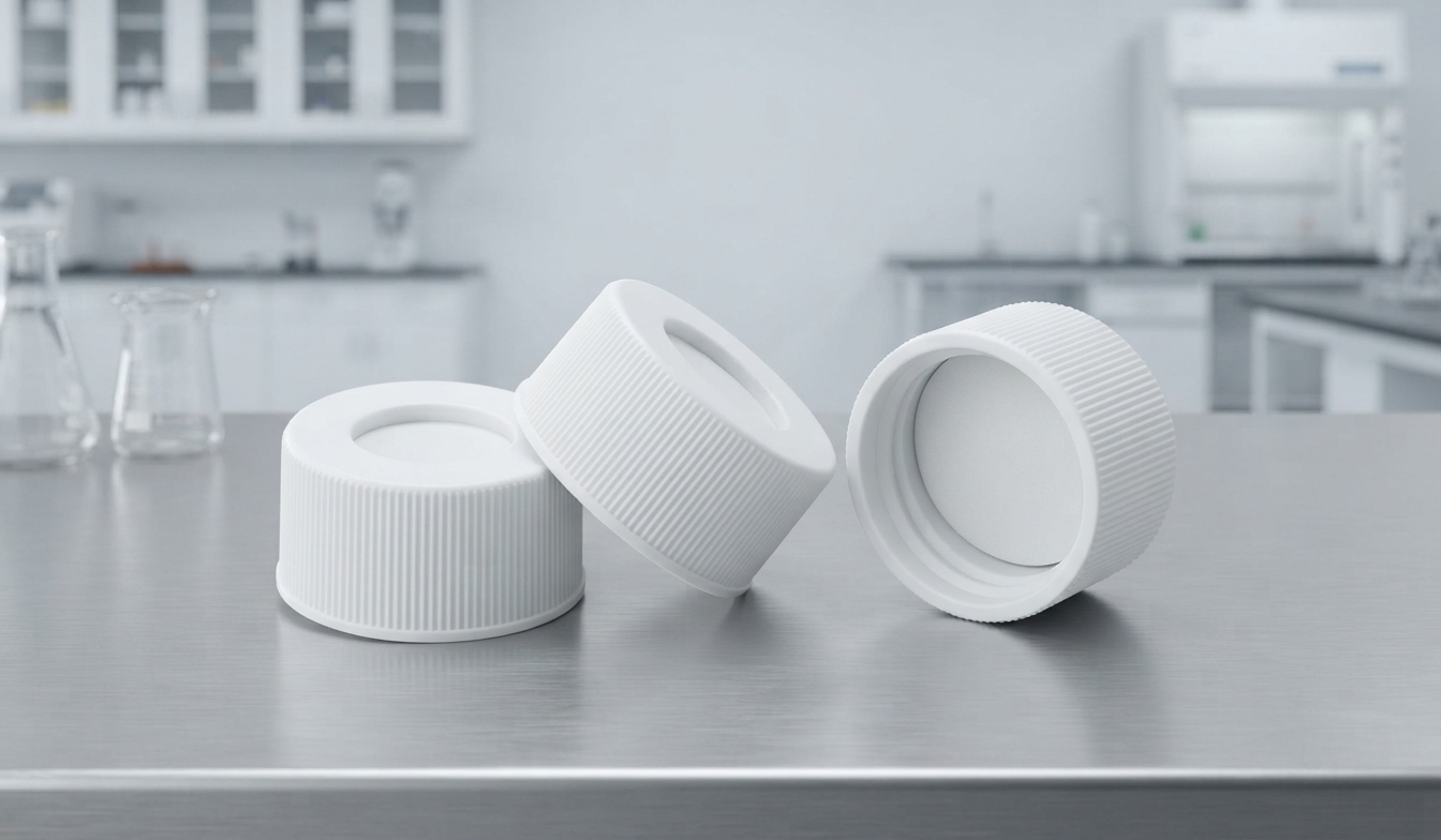 24mm White PP Screw Cap, Open Top with Silicone/ PTFE Septa